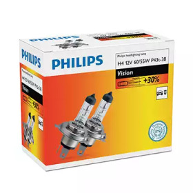 Лампа розжарювання H4 12V 60/55W P43t-38 Vision +30 (2шт. комп.) (вир-во Philips)